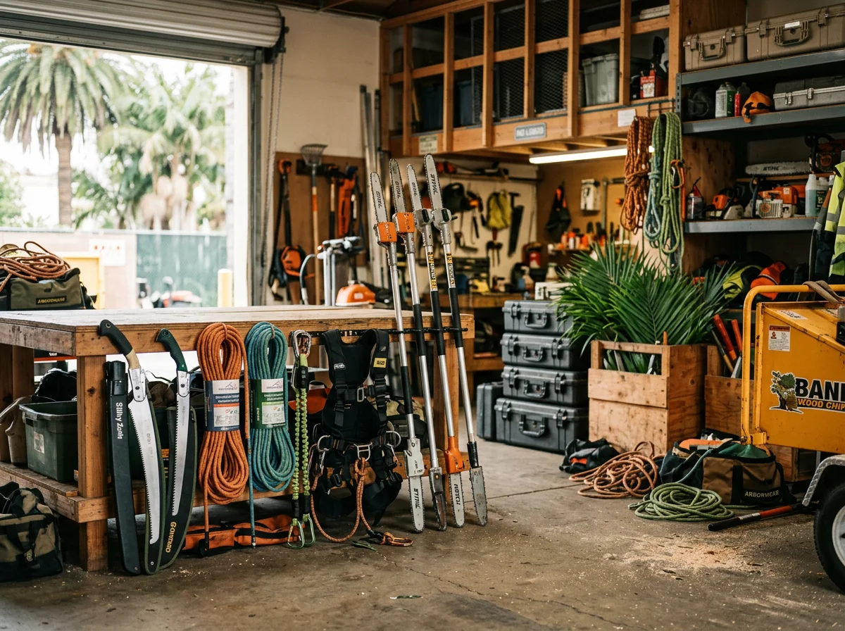 Professional tree care equipment and tools staged for service readiness, showcasing the trade's essential instruments.