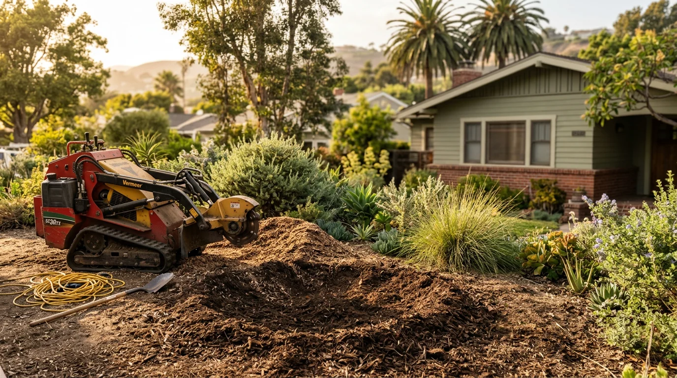 Stump grinder removing a tree stump from a residential yard