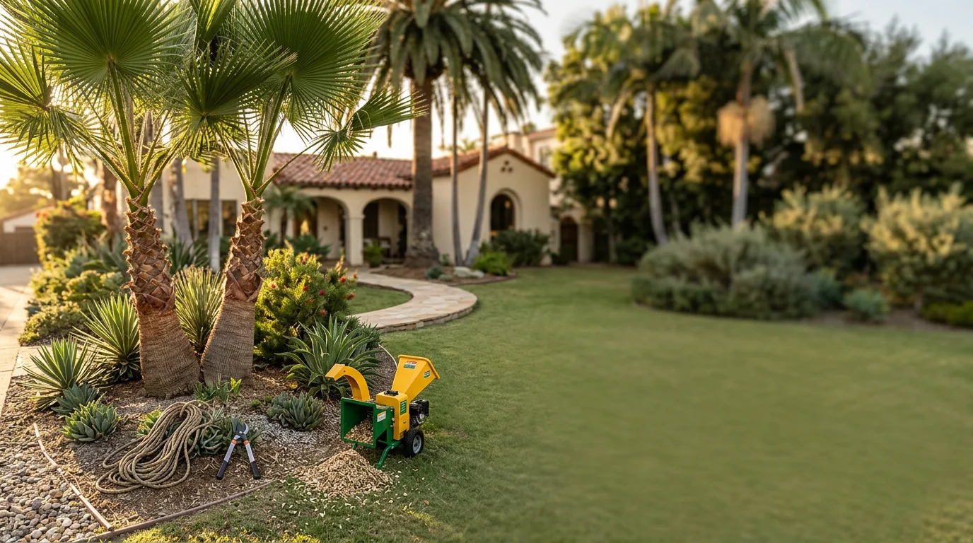 Professional arborist trimming a large palm tree in Santa Monica