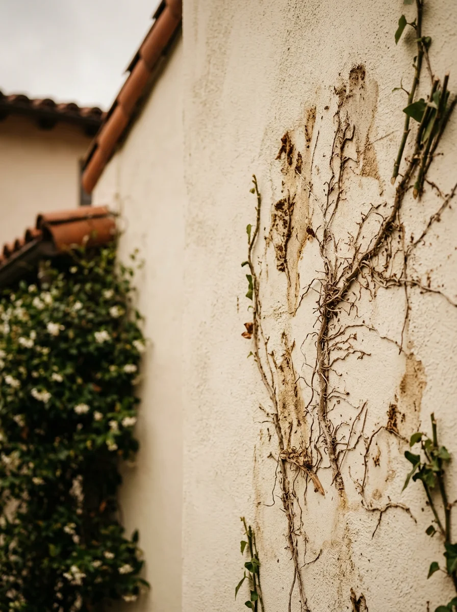 Ivy being removed from the exterior wall of an older Brentwood home, showing the root anchors pulled away from the stucco surface.