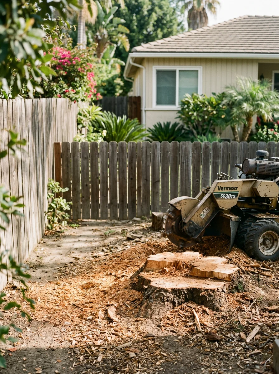 A stump being ground on a compact residential lot in Culver City, California, with a mid-century ranch home and side-yard fence in the background.