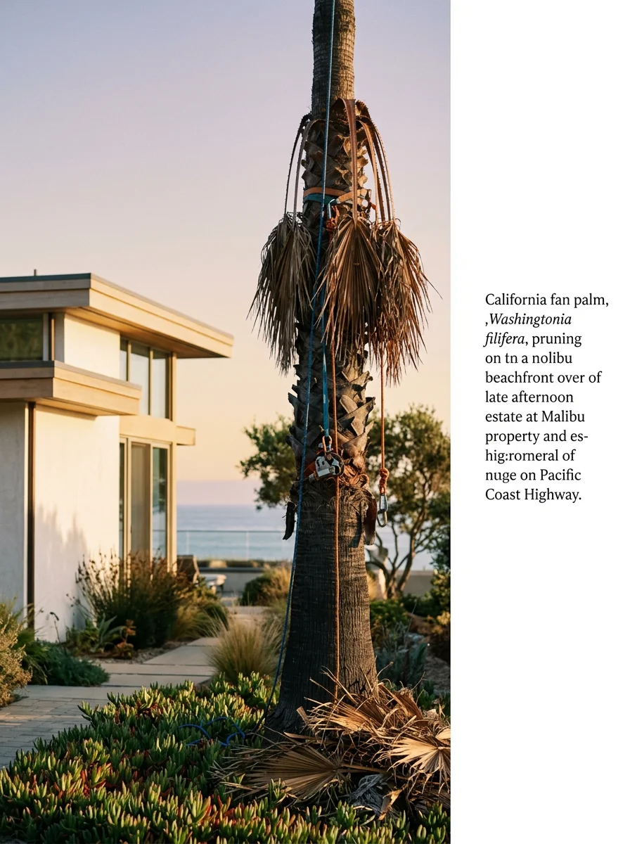 Dead palm fronds being removed from a tall palm on a Malibu beachfront estate along Pacific Coast Highway, with the ocean in the background.