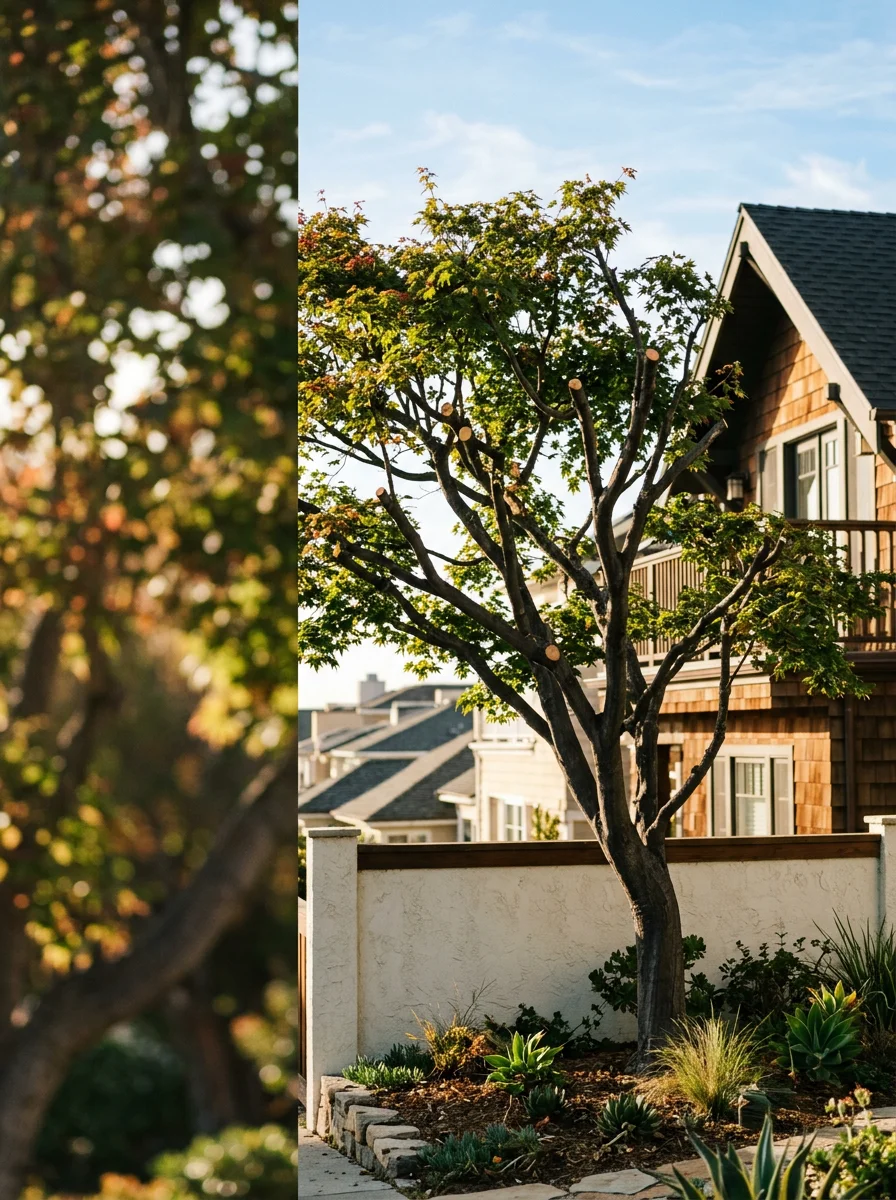 A crew member pruning a mature ornamental tree on a Tree Section residential lot in Manhattan Beach, with the Hill Section visible in the background.