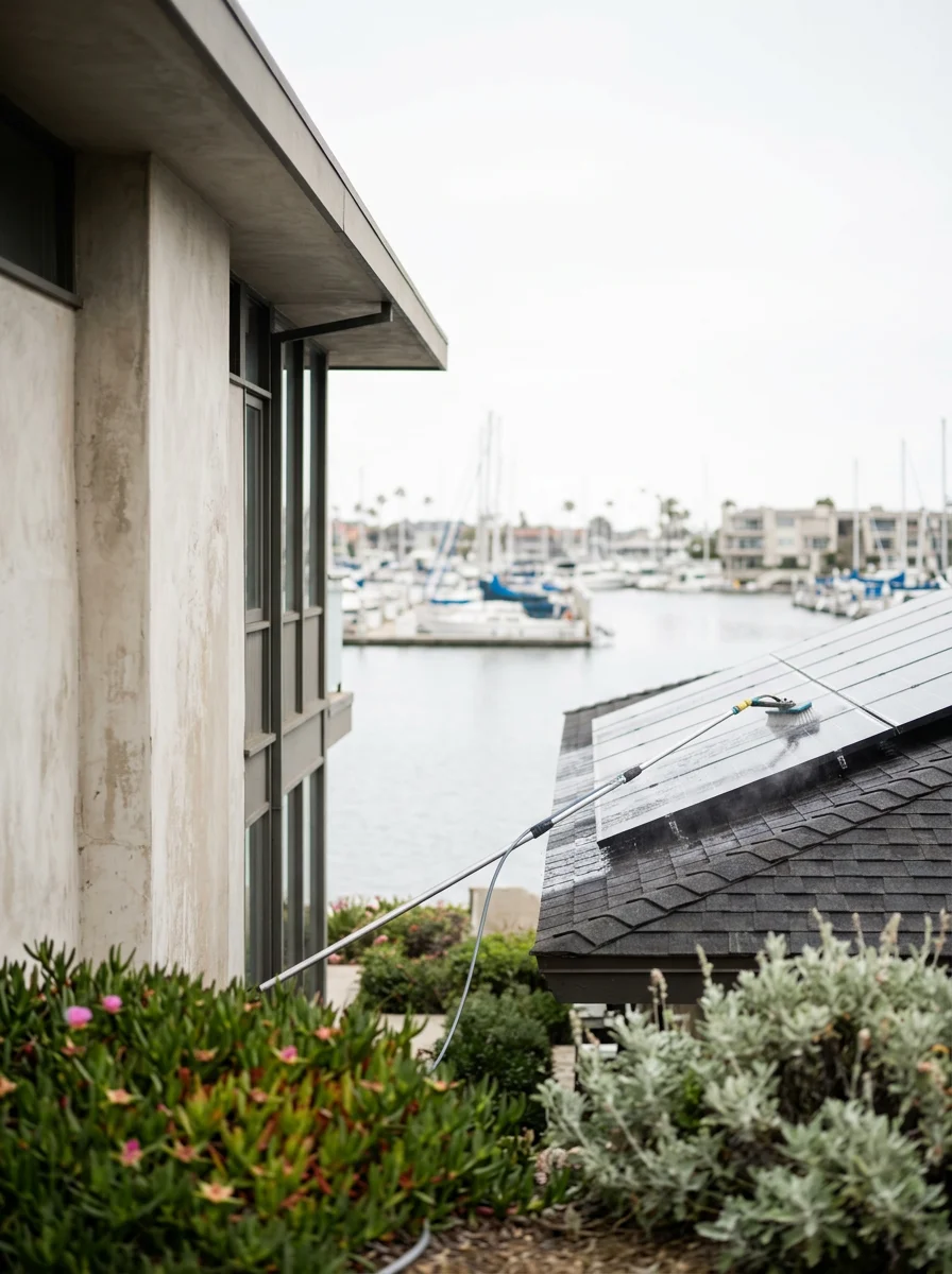 A solar panel array on a mid-century home in Marina del Rey being washed to remove marine-layer mineral deposits, with the harbor visible in the distance.