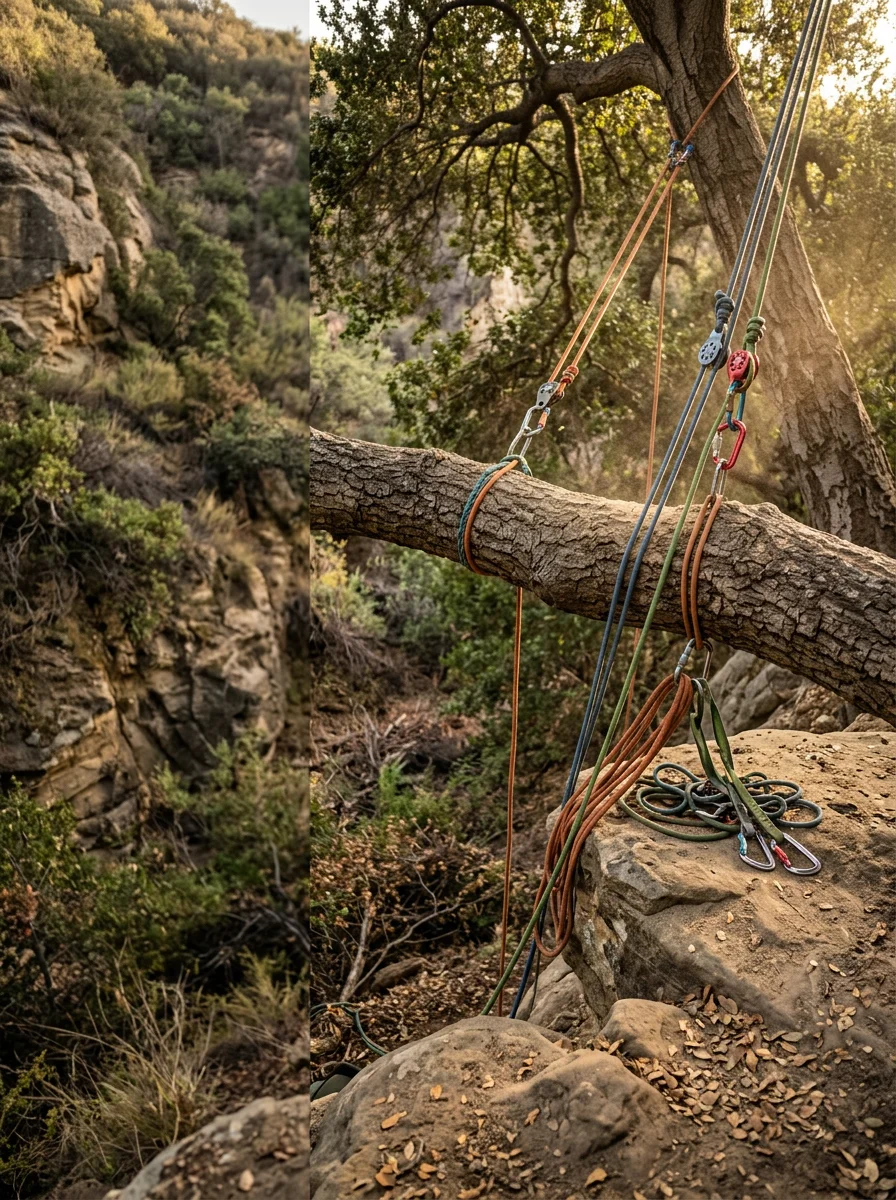 A crew member rigging a large oak limb for removal on a steep canyon lot in Rustic Canyon, Pacific Palisades, surrounded by native vegetation.