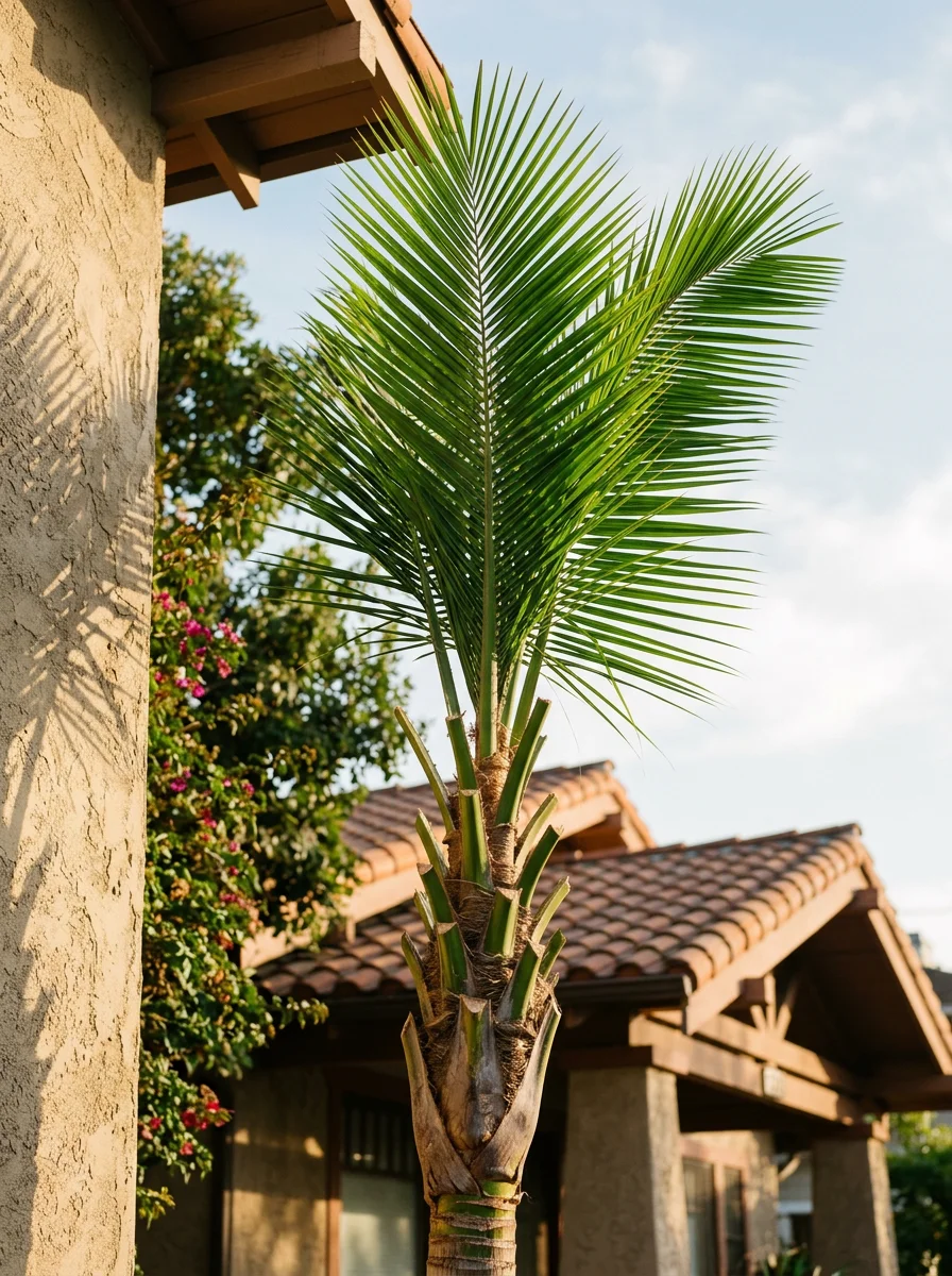 Close-up of a freshly trimmed Queen Palm canopy on a Santa Monica property, showing clean cuts and a healthy green crown against a coastal sky.