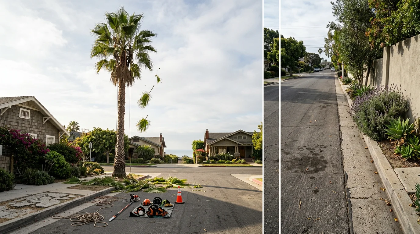 A crew member trimming dead fronds from a tall Mexican Fan Palm on a residential street in Santa Monica, California, with the Pacific Ocean visible in the background.
