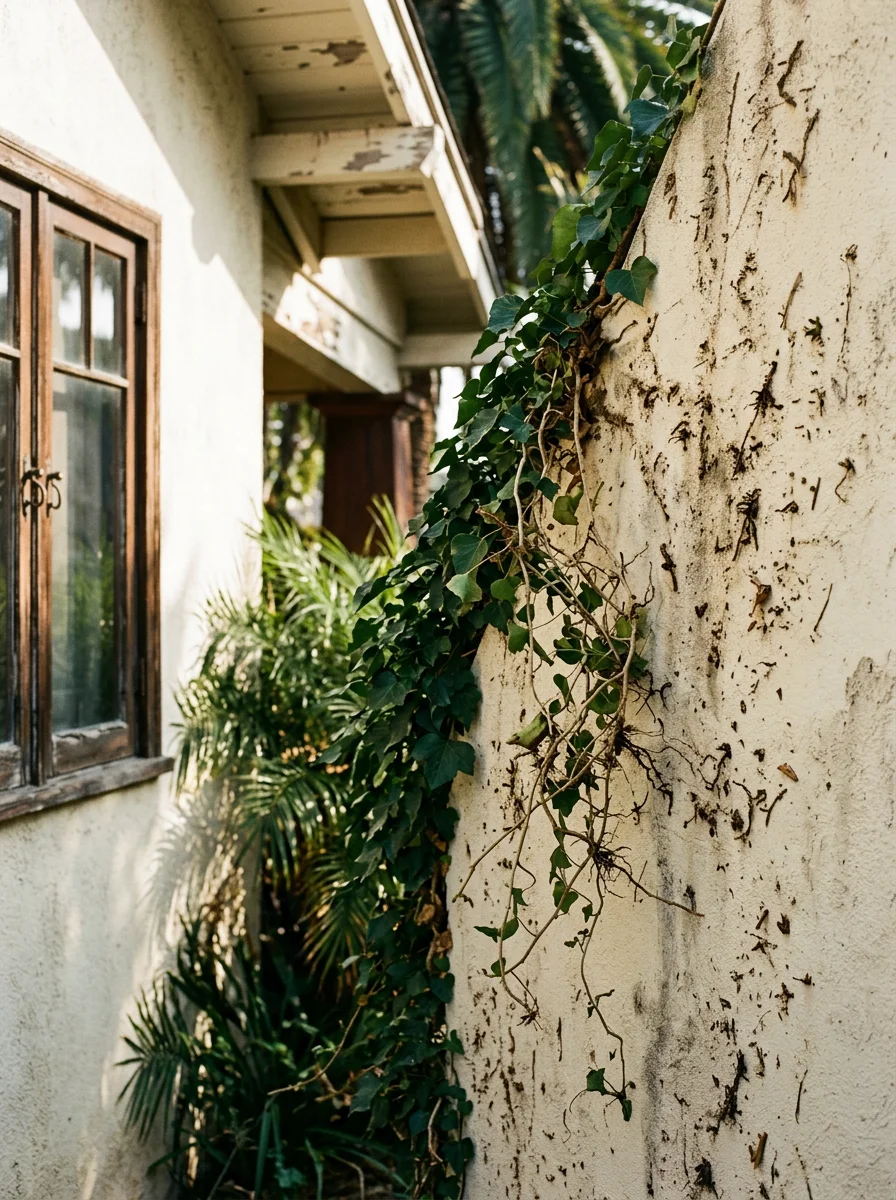 Ivy being removed from the stucco exterior wall of a 1940s Venice bungalow, showing the root anchors pulled away from the surface.