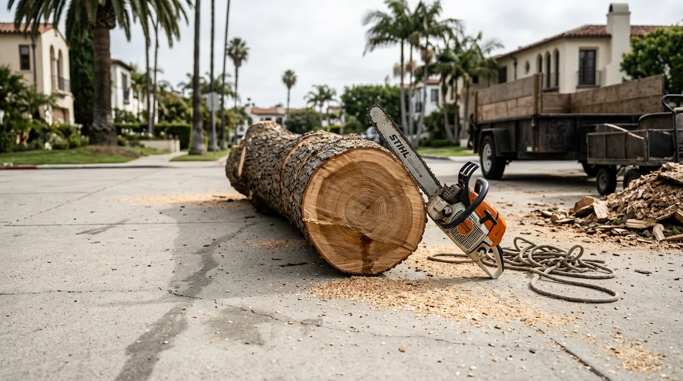 A large fallen tree being sectioned and removed from a residential property in Santa Monica, with a crew working around a damaged fence line. Debris is staged for hauling on a narrow residential lot typical of the coastal neighborhood.