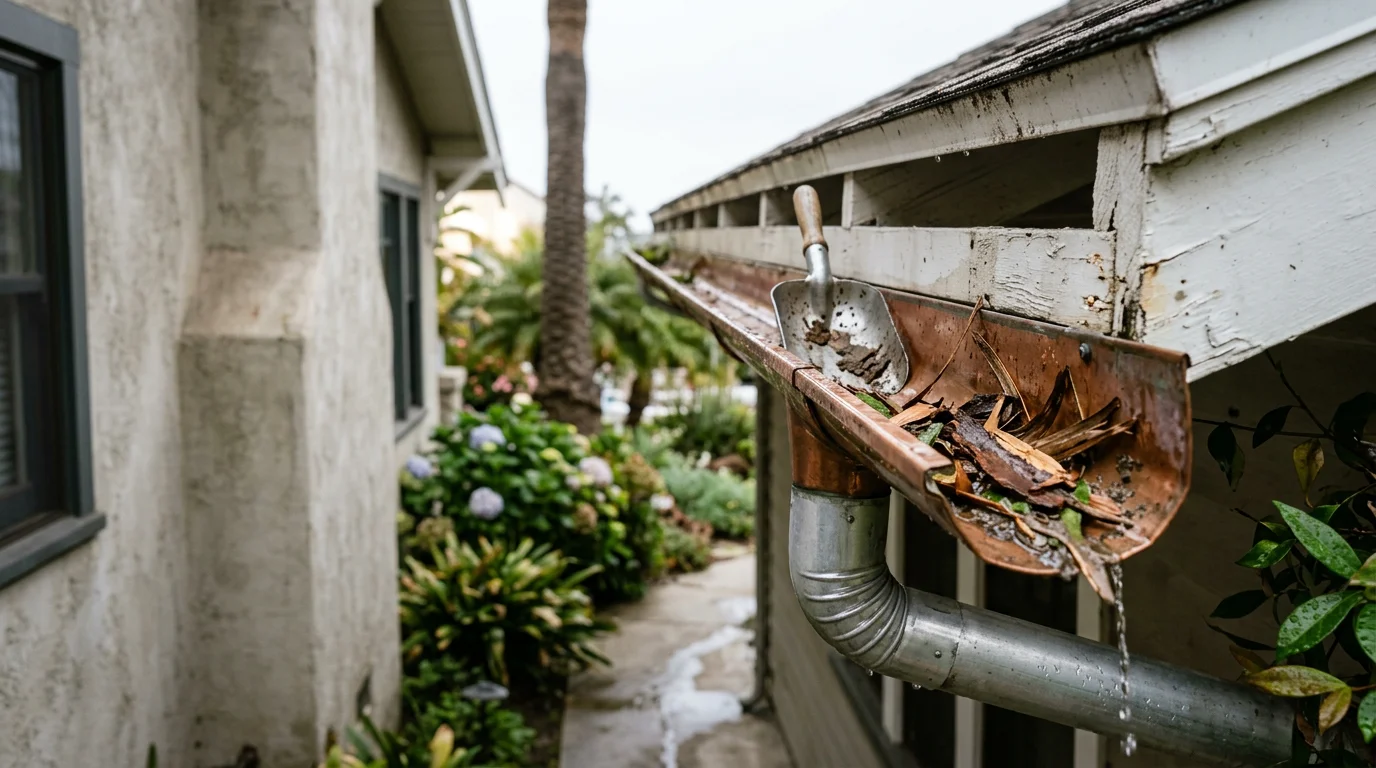 A gutter on a Santa Monica residential home being cleared of compacted palm debris and dry-season leaf buildup. A clean downspout is visible at the corner of the roofline, ready to drain rainwater away from the foundation.