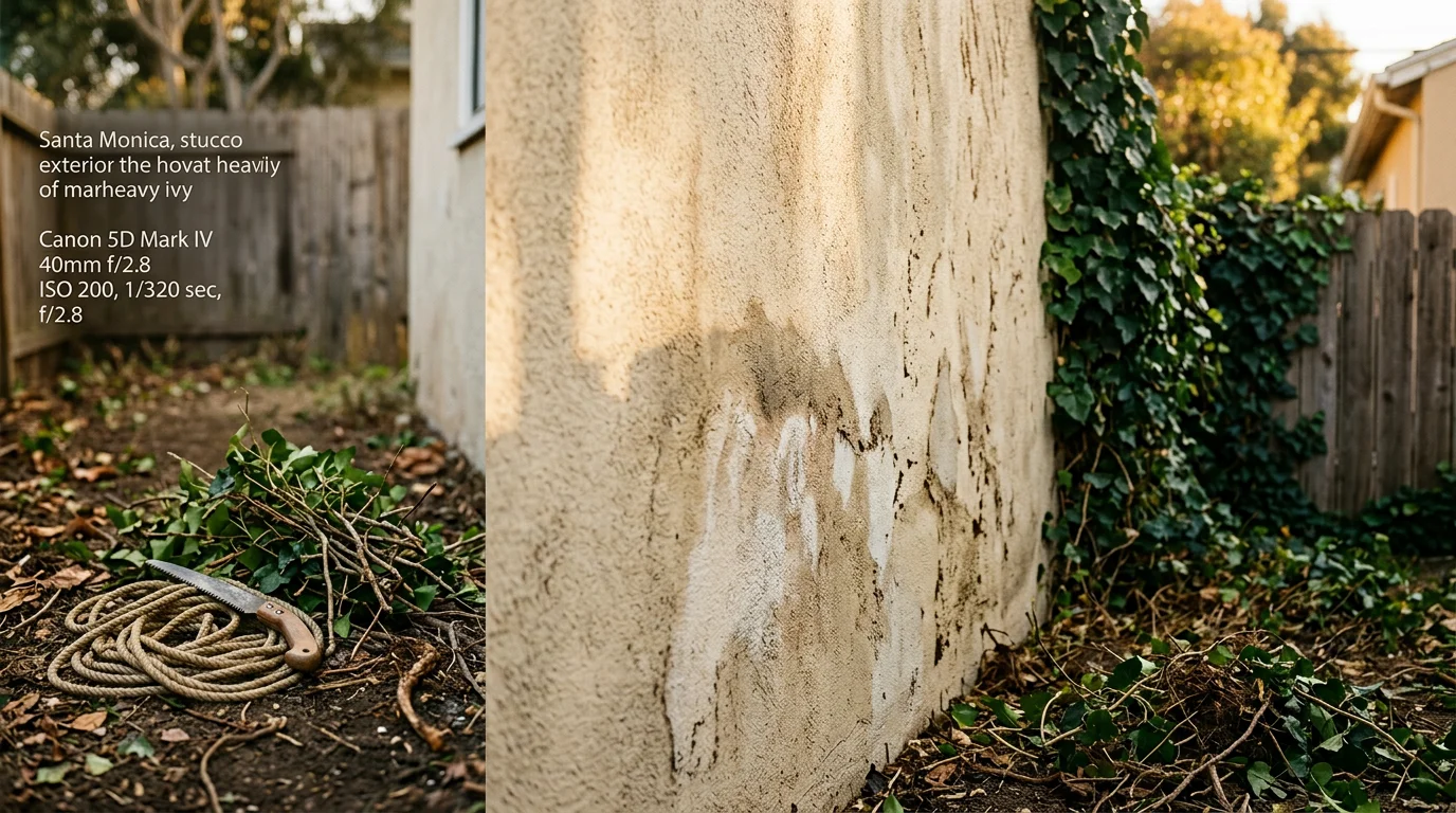 Ivy vines cleared from the exterior stucco wall and fence line of a Santa Monica residential property, with exposed clean surfaces visible after removal. Tree trunks in the background are free of clinging vine growth.