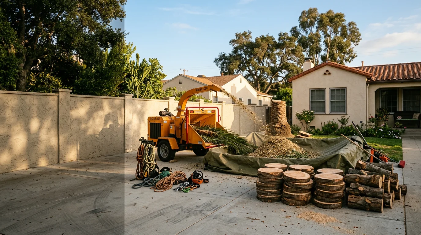 A tall palm tree being removed in sections on a compact residential lot in Santa Monica, with the trunk cut above a nearby roofline and debris staged on the driveway for removal.