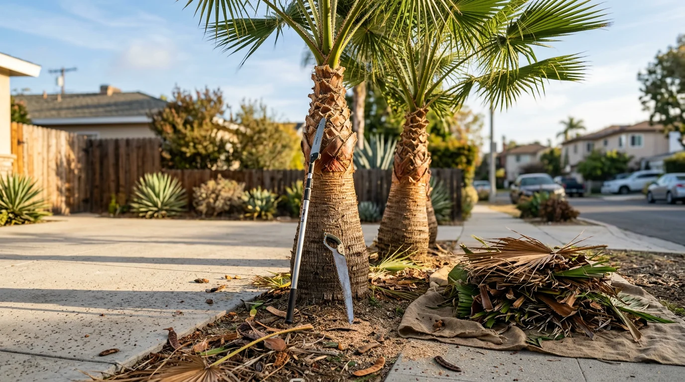 A tall Mexican fan palm with a clean, freshly trimmed canopy in a residential front yard in Santa Monica. Dead fronds and seed pod clusters have been removed, leaving a neat trunk and healthy green growth at the top.