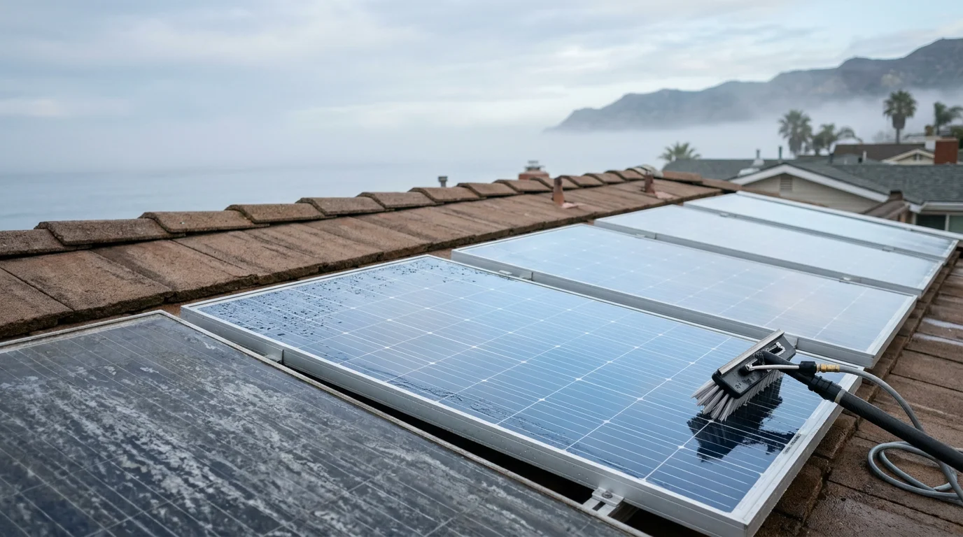 A technician washing rooftop solar panels on a residential home in Santa Monica, with the coastal skyline visible in the background. The panels show a clean, streak-free surface after removal of marine layer residue and bird droppings.