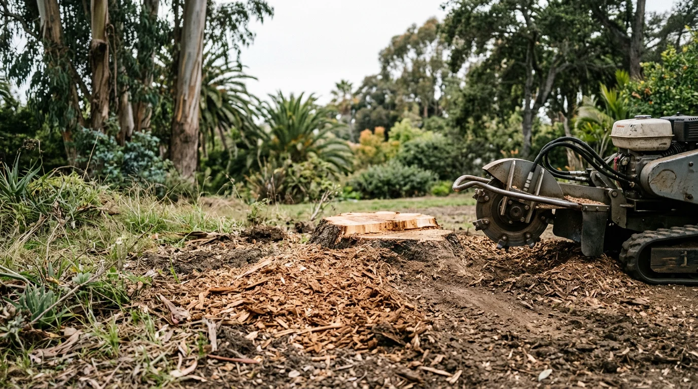 A freshly ground tree stump reduced to a level patch of wood chips in a residential yard in Santa Monica, California. The surrounding lawn and garden beds remain undisturbed after the stump grinding service.