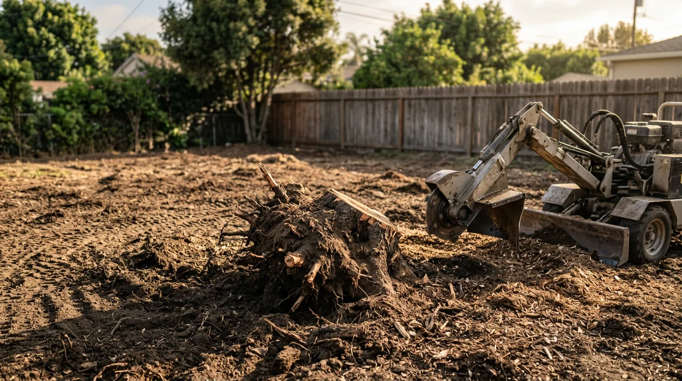 A freshly cleared yard in Santa Monica after full stump removal, showing the excavated area where a tree stump and root ball were extracted from the ground. The surrounding lawn and garden beds remain intact beside the open soil ready for backfilling.