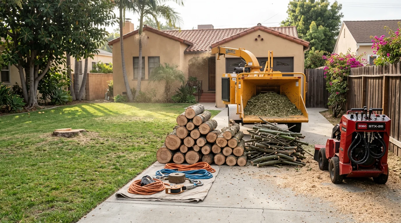 A large tree being removed from a residential property in Santa Monica, with the trunk sectioned and cleared away from the home's roofline. The surrounding yard and driveway remain protected during the removal process.