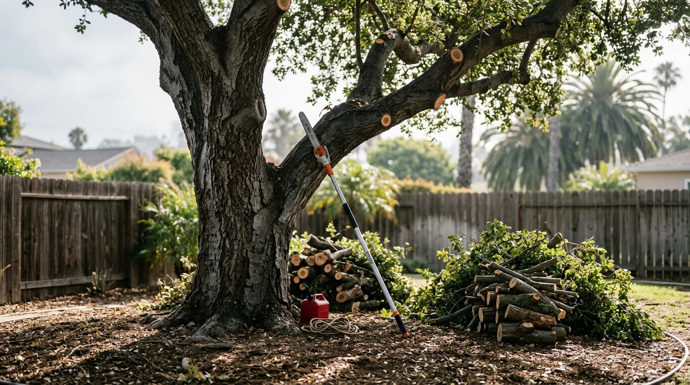 A tree care professional trimming the upper canopy of a mature shade tree on a residential property in Santa Monica. Trimmed branches are visible on the ground below, with a coastal California neighborhood in the background.